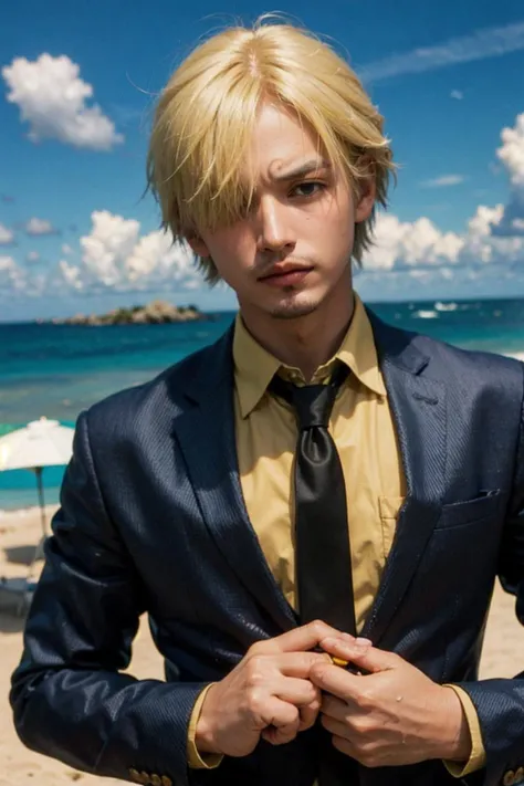 masterpiece, best quality, sanji2,
1man,(blond hair:1.2), hair_over_one_eye, eyeblow, (muscled:1.2),suit, yellow shirts, necktie, black jacket, facial hair,(looking at viewer:1.2), perfectly drawn fingers,detailed hands and fingers,cowboy shot,day,ocean,blue sky,cloud, beach,water,outdoors,
<lora:sanji2:0.8>
