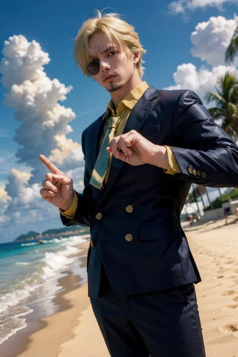 masterpiece, best quality, sanji2,
1man,(blond hair:1.2), hair_over_one_eye, eyeblow, (muscled:1.2),suit, yellow shirts, necktie, black jacket, facial hair,(looking at viewer:1.2), perfectly drawn fingers,detailed hands and fingers,cowboy shot,day,ocean,blue sky,cloud, beach,water,outdoors,
<lora:sanji2:0.8>