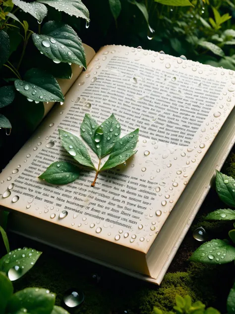A hardcover book left open in a garden, with ais-waterdrops settled on its pages. The text and paper absorb the ais-waterdrops in a way that is both damaging yet aesthetically intriguing, blending literature and nature <lora:Waterdrops_Style_SDXL:1>