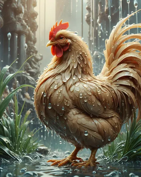designed by alphonse mucha, loish and wlop, concept art, spring reeds, fairy tale, (Chicken:1.3) , it is Ancient, trending on CGSociety, Bokeh, hyperdetailed, Suffering, extremely hyper aesthetic, extremely detailed CG Unity 8k wallpaper, <lora:Waterdrops_Style_SDXL:1> ais-waterdrops