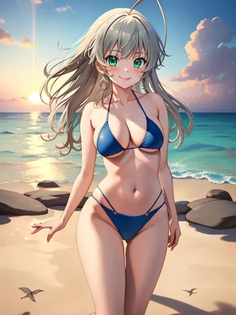 ((((masterpiece、Highest quality、High resolution)、anime)))、White Hair、Beautiful, smooth chest、(Dynamic pose)、looking at the camera、(Beautiful detailed face、Beautiful big eyes)、((One beautiful person))、Good sensitivity、((Sexy pose))、((Embarrassed face))、Red cheeks、Wear a blue bikini、A demure smile、Walking on the sandy beach of a calm early morning coast.