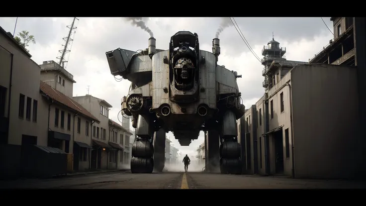 A iant mech robot in a Old city, old buildings, cyberpunk dark clouds in the sky, dirt, Craig Mullins, cgstudio, concept art, photorealism, <lora:steampunkai:0.2> steampunkai, steampunk, organic, a colorized photo, aestheticism, medieval, a flemish Baroque, long dress, renaissance, <lora:_20230805154543:0.3> 1, <lora:epiCRealismHelper:0.8>, <lora:Special clothes_20230810163344:0.4>white dress, <lora:steampunkai:0.1> steampunkai, (((head and spine connected with multiple cambles to a big machine))), ((steam, foggy))