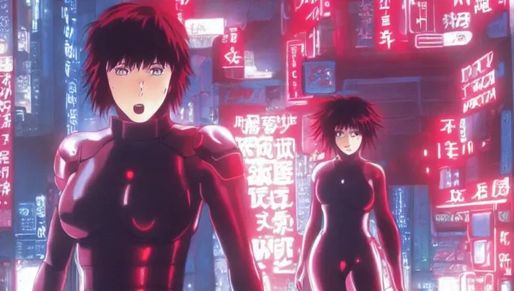 Anime art of ghost in the Shell, ultra detailed scene, red, perfect face, intricately detailed photorealism, trending on artstation, neon lights, rainy day, ray-traced environment, vintage 90's anime artwork.
