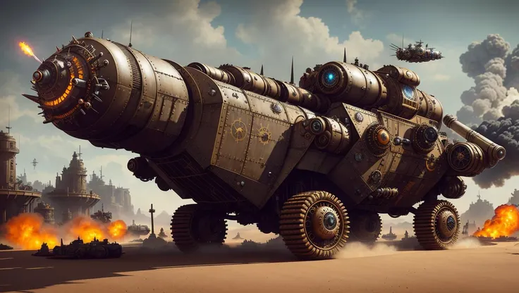 <lora:SteampunkAI-10mb-Lora:0.8>, steampunkai, steampunk,
a moving war truck,
(mecha:1.2), spikes, tiny wings,
combat, battlefield, fire traces,
high contrast, micro-details, octane render