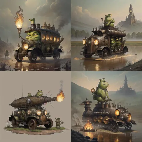 <lora:steampunkai10MBLora_10mb:1> steampunkai, shrek in battle at war against (a mob of pitchfork wielding townsfolk), massacre, dead folk, in a swamp, torches, firepits, masterpiece, artwork by ((Karl Kopinski)), steampunk military vehicles