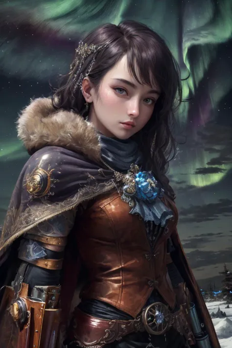 (masterpiece, best quality, high quality, highres, ultra-detailed), solo, upper body, detailed background, detailed face, (<lora:steampunkai:0.5>, steampunkai, steampunk theme:1.1), **/brown northern warrior, (glowing eyes:1.05), stern expression, guardian, dynamic pose, heavy armor, cape, surrounded by magical aura, snow crystals, cold, stormy background, northern lights in background cinematic atmosphere,, <lora:add_detail:1>, <lora:GoodHands-beta2:1>, <lora:beautifulDetailedEyes_v10:0.5>