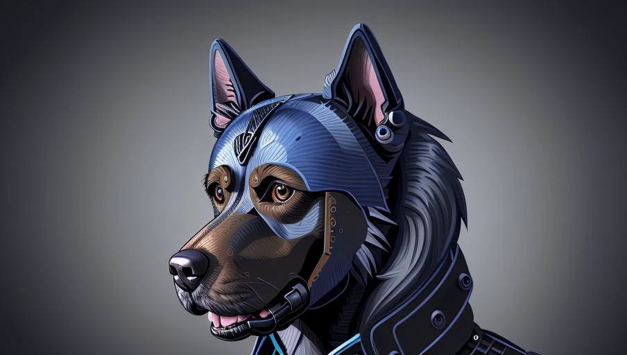 Portrait of a dog, steampunk, indigo blue, colorful, illustration, highly detailed, simple, smooth, and clean vector, no jagged lines, vector art, smooth, made all with grey colored gears inspired by future technology.