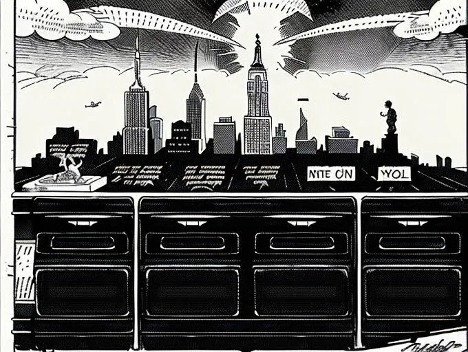 chaotic stunning New York, (style of tin tin comics), pen and ink,retro-futuristic