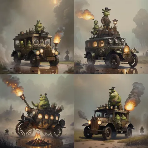 <lora:steampunkai10MBLora_10mb:1> steampunkai, shrek in battle at war against (a mob of pitchfork wielding townsfolk), massacre, dead folk, in a swamp, torches, firepits, masterpiece, artwork by ((Karl Kopinski)), steampunk military vehicles, Steampunk ((battle of waterloo))