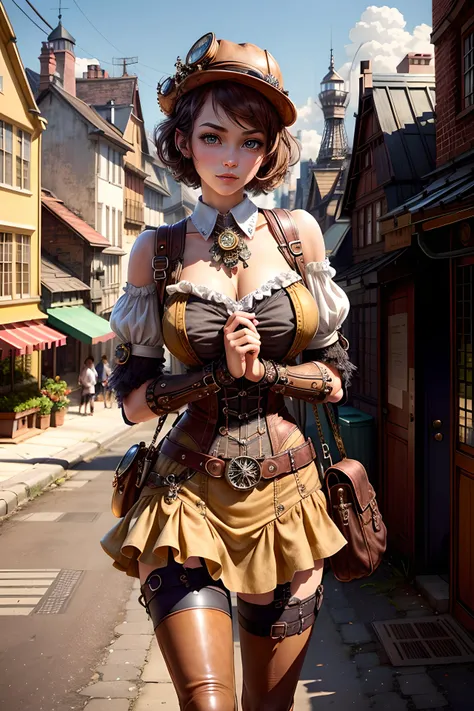 (masterpiece, best quality, extremely detailed, detailed eyes, ultra-detailed, best shadow), unity 8k wallpaper, beautiful and aesthetic, (photorealistic:1.3), (1girl, ultra-detailed-cute-girl, beautiful girl), steampunk, walking, dynamic pose, (looks around), (short hair, brown hair), (leather sundress, steampunk sundress, corset, stockings), (holds the tube in his hands, (he holds the drawings in his hands)), (outdoor, city, (steampunk city)), a large steampunk building in the background,<lora:add_detail:0.8> <lora:steampunk:1.2> <lora:weight_slider_v2:-0.2>,