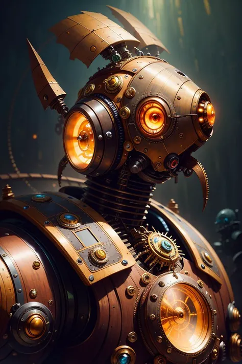 best quality,(masterpiece:1.2),
<lora:steampunkai10MBLora_10mb:0.9>, steampunkai, a robot achieving human-like consciousness and emotions, fantasy creature,