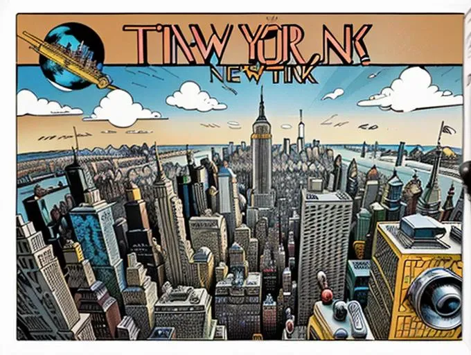 chaotic stunning New York, (style of tin tin comics), pen and ink,retro-futuristic