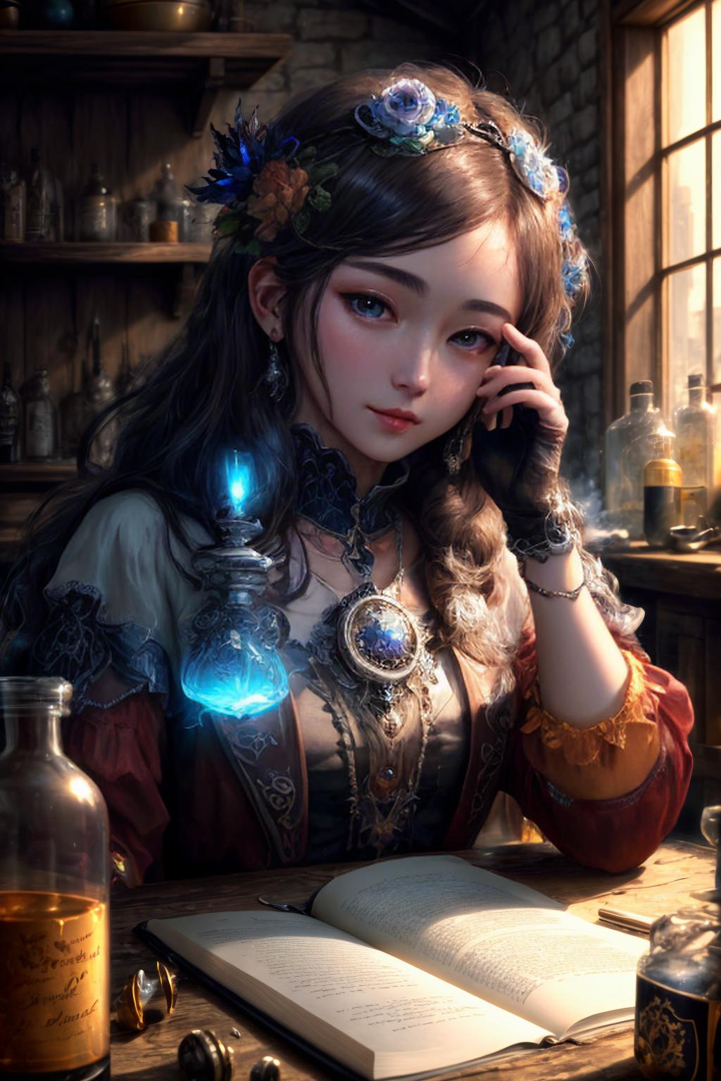 A woman sitting at a table with a book and a book - SeaArt AI