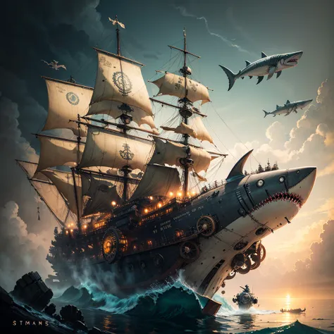 <lora:steampunkai:1> steampunkai, mechanical shark