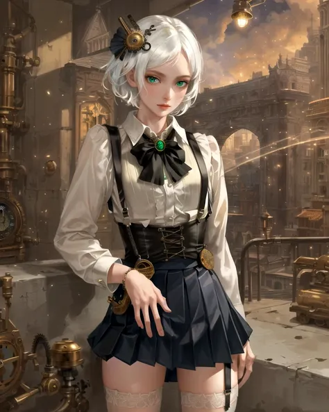 <(realistic:1.4), (extremely intricate:1.2)>, (steampunk:1.3), (collared shirt:1.3), steampunkai, white shirt, clockwork garden, window, flowers, light_particles, 1girl, cowboy shot, solo, (white_hair, short_hair, green eyes), looking at viewer, (black pleated skirt, black suspenders:1.4), BREAK, <(exquisitely detailed skin:1.3), cinematic light, rim lighting, ultra high res, best shadow, delicate>, (beautiful small city, detailed small city, many object, <lora:steampunkai10MBLora_10mb:1>