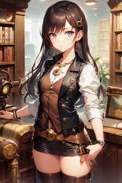 <lora:SteampunkAI-10mb-Lora:0.8>, steampunkai, steampunk,
a slightly smiling woman inside a small bookshop,
necklace, earrings, bracelets, chains,
shirt, vest, leather belt
