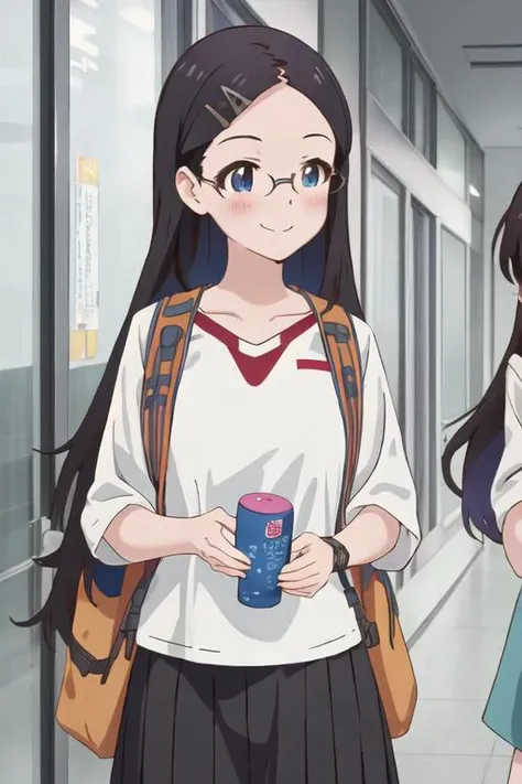 best quality, masterpiece, highres, solo, {saito_kaede_encouragementofclimb:1.15}, black_hair, glasses, blush, long_hair, hairclip, hair_ornament, blue_eyes, smile, 2girls, multiple_girls, looking_at_viewer, brown_hair, shirt, solo_focus