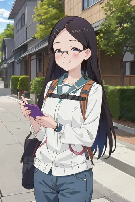 best quality, masterpiece, highres, solo, {saito_kaede_encouragementofclimb:1.15}, black_hair, glasses, blush, long_hair, hairclip, hair_ornament, blue_eyes, smile, 1girl, cellphone, closed_eyes, phone, flip_phone