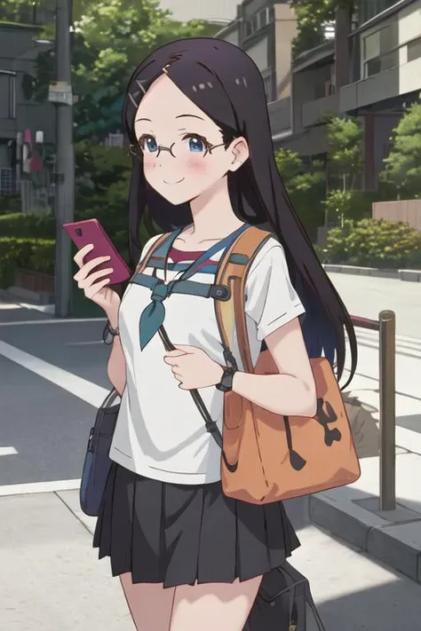 Anime girl with glasses and a backpack holding a cell phone - SeaArt AI