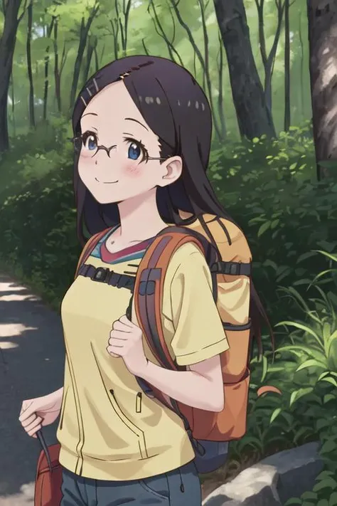 best quality, masterpiece, highres, solo, {saito_kaede_encouragementofclimb:1.15}, black_hair, glasses, blush, long_hair, hairclip, hair_ornament, blue_eyes, smile, 1girl, backpack, bag, forest, nature, tree, outdoors