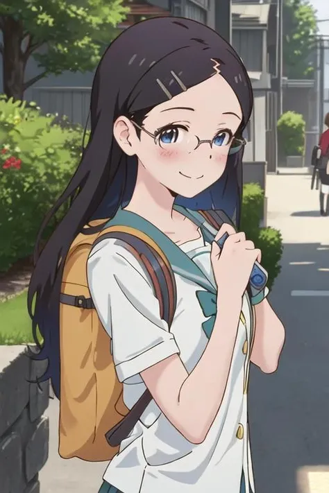nagatoro hayase, masterpiece, portrait, official art, 1girl, high school girl, summer uniform, black hair, brown eyes, brown skin, happy, leaning on a bridge, park, trees