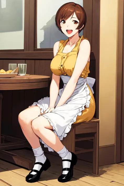 1girl, solo, etsukoto, yellow dress, sleeveless dress, apron, white socks, mary janes, smile, open mouth <lora:etsukoto_V2-09:0.7>
