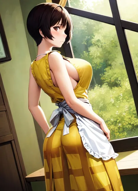 etsukoto, solo, 1girl, yellow dress, sleeveless dress, apron, blush, looking back, indoors, looking at viewer, window, profile, curtains, arms behind back, dutch angle, frown, from behind, sideboob, leaning forward <lora:etsukoto_V2-09:0.7> <lora:Twisted_torso_v0.1:1>
