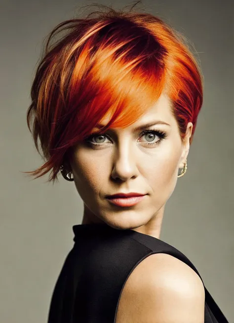 analog style, modelshoot style, portrait of sks woman by Flora Borsi, style by Flora Borsi, bold, bright colours, orange Mohawk haircut, ((Flora Borsi)), <lora:locon_jenniferaniston_v1_from_v1_64_32:1.3>