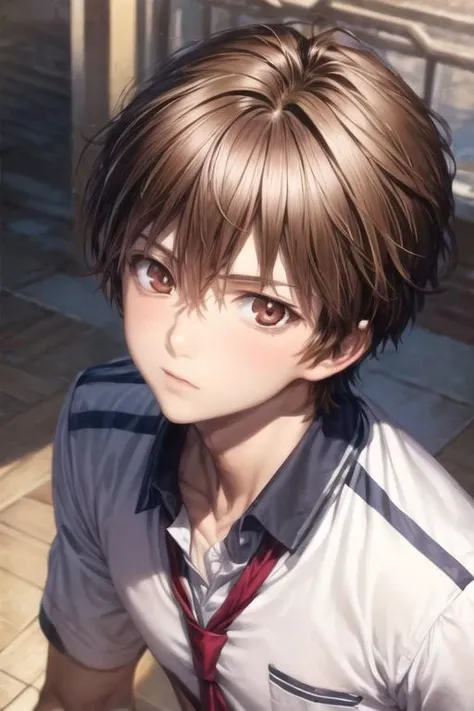 masterpiece, best quality, high quality, 1boy, solo, male focus, looking at viewer, upper body, <lora:shuu_ouma:0.84>, shuu_ouma, brown hair, brown eyes, , school uniform