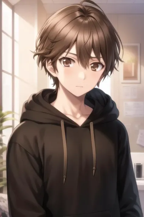 masterpiece, best quality, high quality, 1boy, solo, male focus, looking at viewer, upper body, <lora:shuu_ouma:0.74>, shuu_ouma, brown hair, brown eyes, , hoodie