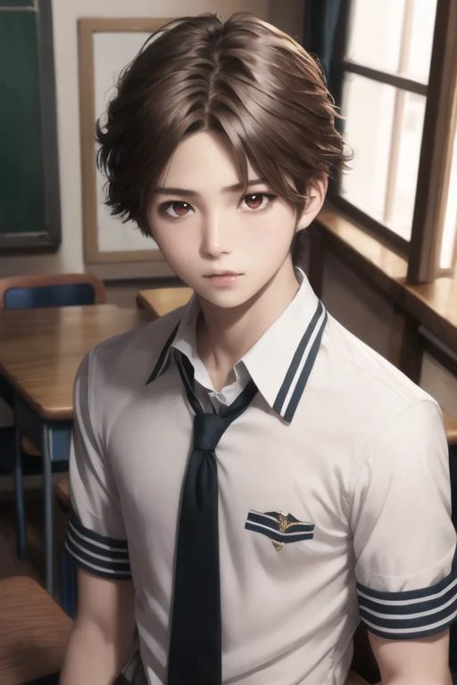 masterpiece, best quality, high quality, 1boy, solo, male focus, looking at viewer, upper body, <lora:shuu_ouma:0.74>, shuu_ouma, brown hair, brown eyes, realistic, school uniform