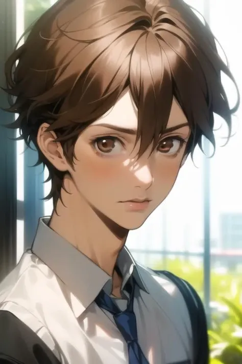 masterpiece, best quality, high quality, 1boy, solo, male focus, looking at viewer, upper body, <lora:shuu_ouma:0.78>, shuu_ouma, brown hair, brown eyes, realistic, school uniform
