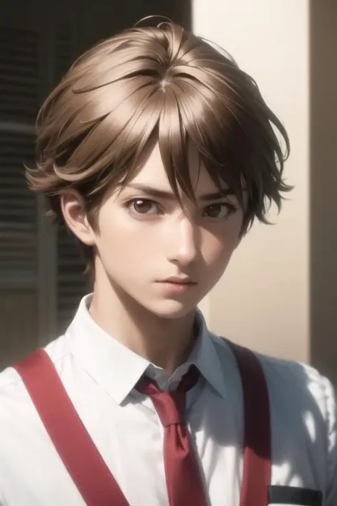 masterpiece, best quality, high quality, 1boy, solo, male focus, looking at viewer, upper body, <lora:shuu_ouma:0.84>, shuu_ouma, brown hair, brown eyes, realistic, school uniform