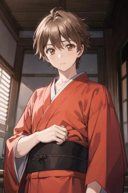 masterpiece, best quality, high quality, 1boy, solo, male focus, looking at viewer, upper body, <lora:shuu_ouma:0.74>, shuu_ouma, brown hair, brown eyes, , yukata