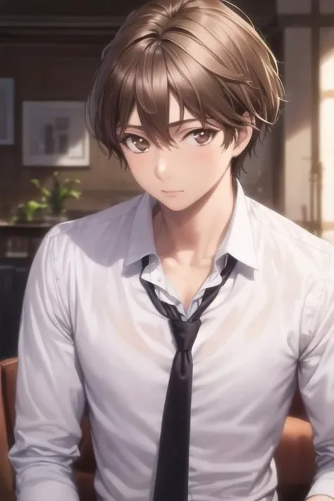 masterpiece, best quality, high quality, 1boy, solo, male focus, looking at viewer, upper body, <lora:shuu_ouma:0.72>, shuu_ouma, brown hair, brown eyes, realistic, formal, necktie, dress shirt