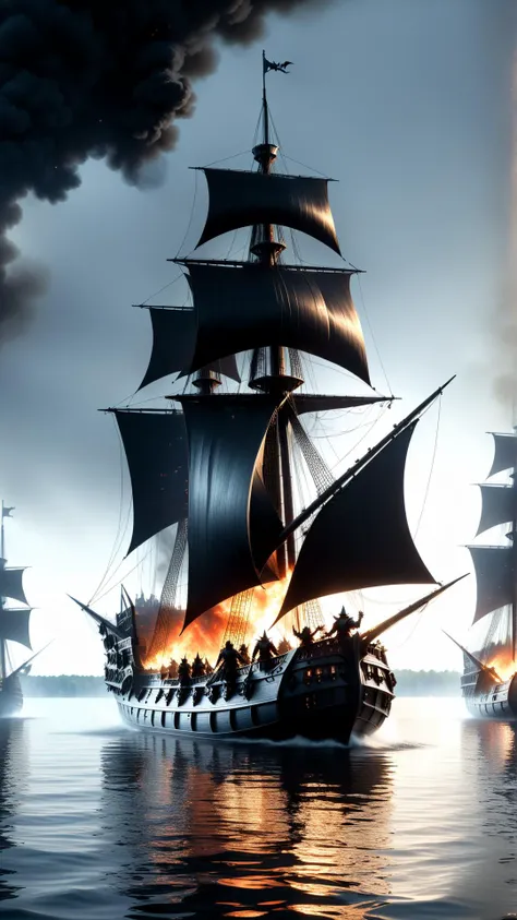 <lora:BatmanCoreXL:1>BatmanCore medieval pirates battling on a lake, tall ships ablaze, sleek, (carbon fiber:0.7), (tech:0.8), (sci-fi:0.7), 24mm, (analog, cinematic, film grain:1.3), Bokeh DOF, (Masterpiece:1.3) (best quality:1.2) (high quality:1.1)
