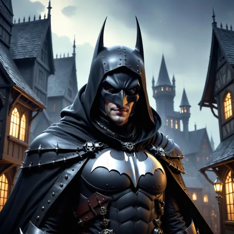 <lora:BatmanCoreXL:1>BatmanCore (style-rustmagic:0.8), portrait, looking up, solo, upper body, detailed background, (<lora:SteamPunkBundleV3:0.4>, cogpunkai, cogpunk theme:1.1), inquisitor, knowing smile,   intricate (studded:0.8) leather clothes, cloak, silver blade, shadowed face, hood, shrouded in mistery,,sinister aura,,scarred face medieval guild house in background, mysterious haze,, dusk, warhammer dark fantasy atmosphere, **(modern houses, cars, modern environment:1.2),**, sleek, (carbon fiber:0.7), (tech:0.8), (sci-fi:0.7), 24mm, (analog, cinematic, film grain:1.3), Bokeh DOF, (Masterpiece:1.3) (best quality:1.2) (high quality:1.1)