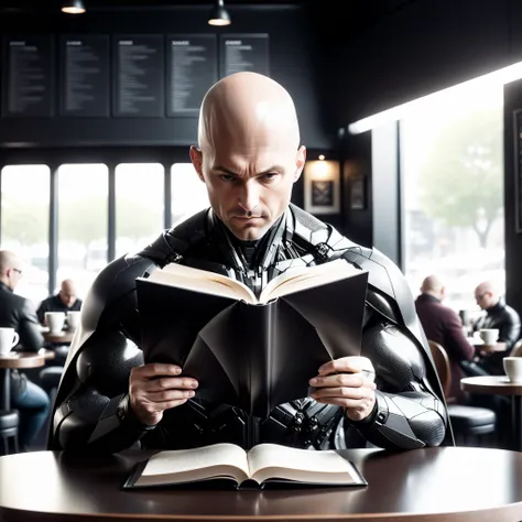 <lora:BatmanCoreXL:1>BatmanCore a man in his 40s with a bald head reading a book at a coffee shop, sleek, (carbon fiber:0.7), (tech:0.8), (sci-fi:0.7), 24mm, (analog, cinematic, film grain:1.3), Bokeh DOF, (Masterpiece:1.3) (best quality:1.2) (high quality:1.1)