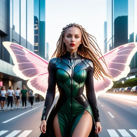 <lora:BatmanCoreXL:1>BatmanCore Street photography, Australasian, mid-twenty, woman, Long hair, Dreadlocks, High skin fade hair, Honey Blonde hair, Comb on hair, Downturned eyes shape, Green eyes, eyes mask, Lower Lip Mole lips, Glossy red lips, Circle face, No-makeup, Proud, Tiny body, Running, Holding pen, Casual dress, Butterfly lighting, Crepuscular rays, Blue hour, Hazy, soft pink background, Skyscraper background, Nikon D6, Medium shot, Slightly above, sleek, (carbon fiber:0.7), (tech:0.8), (sci-fi:0.7), 24mm, (analog, cinematic, film grain:1.3), Bokeh DOF, (Masterpiece:1.3) (best quality:1.2) (high quality:1.1)