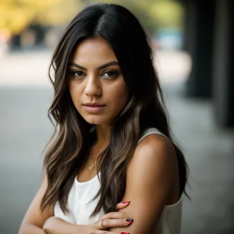 Realistic photo of a beautiful m1l4k-v2 woman, 1girl, solo, long hair, looking at viewer, simple background, shirt, black hair, brown eyes, jewelry, closed mouth, upper body, nail polish, lips, fingernails, ring, own hands together, black nails, realistic, nose, soft lighting, professional Photography, Photorealistic, detailed, RAW, analog, sharp focus, 8k, HD, DSLR, high quality, Fujifilm XT3, film grain, masterpiece<lora:m1l4k-v2:1.0>