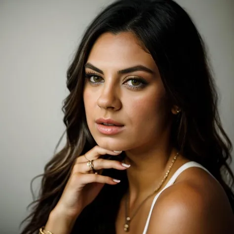 Realistic photo of a beautiful m1l4k-v2 woman, 1girl, solo, long hair, looking at viewer, simple background, shirt, black hair, brown eyes, jewelry, closed mouth, upper body, nail polish, lips, fingernails, ring, own hands together, black nails, realistic, nose, soft lighting, professional Photography, Photorealistic, detailed, RAW, analog, sharp focus, 8k, HD, DSLR, high quality, Fujifilm XT3, film grain, masterpiece<lora:m1l4k-v2:1.0>
