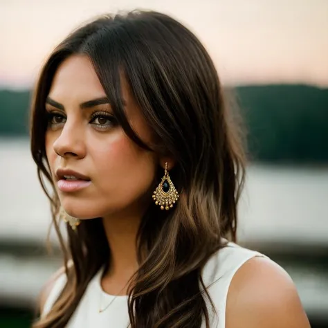 Realistic photo of a beautiful m1l4k-v2 woman, 1girl, solo, long hair, brown hair, brown eyes, jewelry, earrings, parted lips, teeth, blurry, lips, looking to the side, portrait, realistic, nose, soft lighting, professional Photography, Photorealistic, detailed, RAW, analog, sharp focus, 8k, HD, DSLR, high quality, Fujifilm XT3, film grain, masterpiece<lora:m1l4k-v2:1.0>