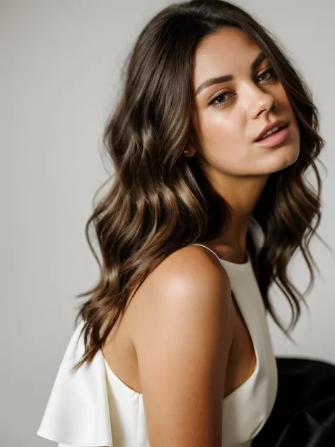 Realistic photo of a beautiful m1l4k-v2 woman, 1girl, solo, long hair, looking at viewer, simple background, brown hair, shirt, black hair, white background, dress, brown eyes, upper body, parted lips, teeth, sleeveless, black dress, lips, realistic, soft lighting, professional Photography, Photorealistic, detailed, RAW, analog, sharp focus, 8k, HD, DSLR, high quality, Fujifilm XT3, film grain, masterpiece<lora:m1l4k-v2:1.0>