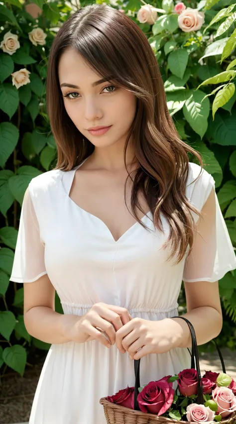 1girl, solo, medium hair, messy hair, wavy hair, looking at viewer, brown hair, black hair, dress, holding, upper body, flower, short sleeves, outdoors, white dress, lips, rose, leaf, pink flower, realistic, basket, Detailed, unique, trendy, professional,Masterpiece