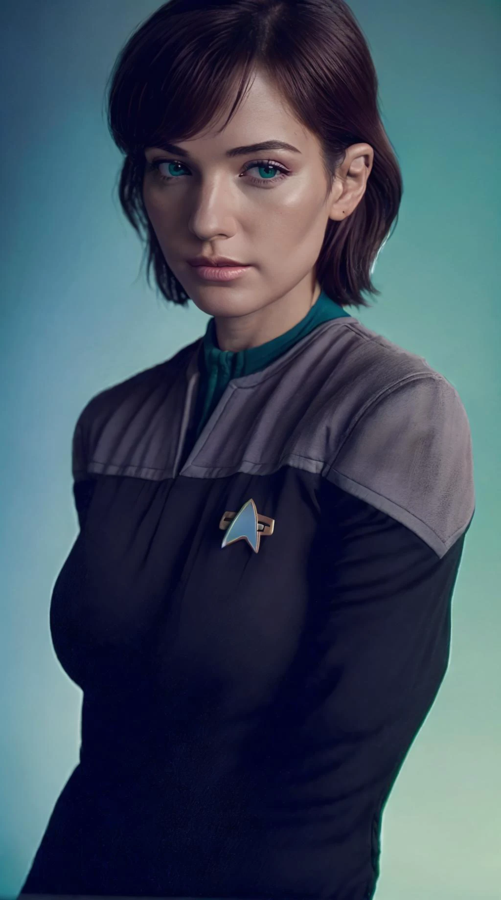 (ds9st science:1.3),black sleeves<lora:Ds9Divi:0.8>
,(masterpiece, best quality:1.4), (photorealistic:1.4), (realistic, photo-realistic:1.4), official art, beautiful and aesthetic, 8k UHD, ultra high res, RAW, HDR, 1girl, solo, short waf hair, huge breasts, multicolored hair, slender, glamor,