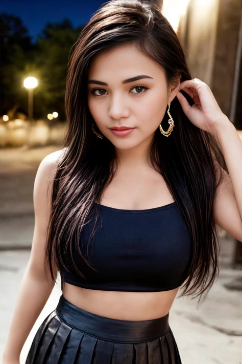 (8k, RAW photo, best quality, masterpiece:1.2), ultra detailed, ultra high res, (realistic, photo realistic:1.37), high detail RAW color photo, professional photograph, depth of field, an extremely delicate and beautiful, extremely detailed, 8k wallpaper, Amazing, finely detail, huge file size, official art, extremely detailed CG unity 8k wallpaper, extremely detailed beautiful girl, extremely detailed face, extremely detailed eyes, extremely detailed skin, extremely detailed fingers, extremely detailed nose, extremely detailed mouth, perfect anatomy, highly detailed background, extremely detailed clothing, 1girl, cute girl, realistic body, petite, fair skin, shiny skin, good figure, black hair, smile, cute, young, cute face, face, realistic face, beautifully detailed eyes, drooping eyes, beautiful big eyes, large dark eyes, beautiful and clear eyes, (black pleated skirt:1.2), earrings, (hair ribbon:1.2), looking at viewer, cowboy shot, face the front, standing posture, contrapposto, outdoors, (night:1.2), <lora:add_detail:1>