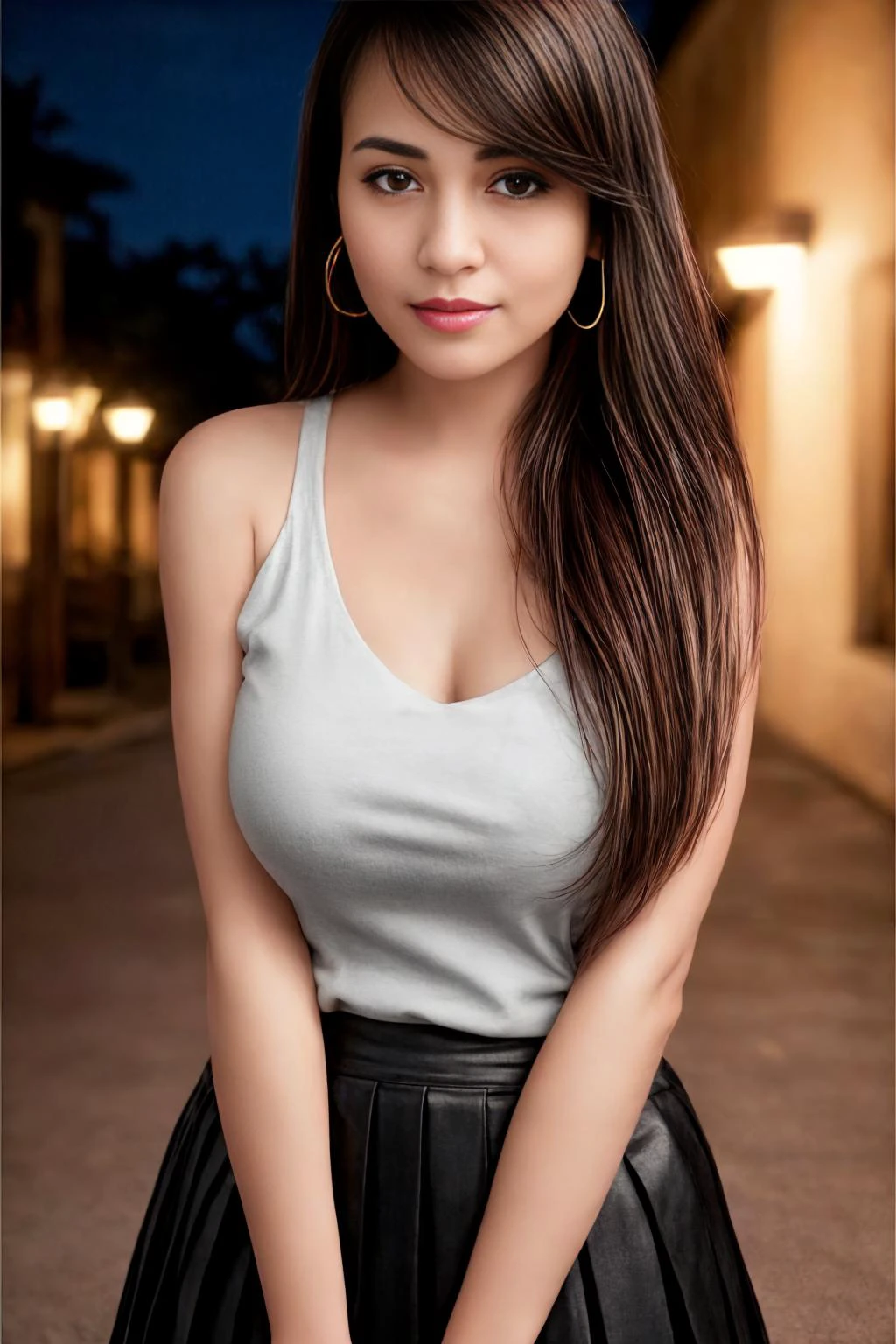 (8k, RAW photo, best quality, masterpiece:1.2), ultra detailed, ultra high res, (realistic, photo realistic:1.37), high detail RAW color photo, professional photograph, depth of field, an extremely delicate and beautiful, extremely detailed, 8k wallpaper, Amazing, finely detail, huge file size, official art, extremely detailed CG unity 8k wallpaper, extremely detailed beautiful girl, extremely detailed face, extremely detailed eyes, extremely detailed skin, extremely detailed fingers, extremely detailed nose, extremely detailed mouth, perfect anatomy, highly detailed background, extremely detailed clothing, 1girl, cute girl, realistic body, petite, fair skin, shiny skin, good figure, black hair, smile, cute, young, cute face, face, realistic face, beautifully detailed eyes, drooping eyes, beautiful big eyes, large dark eyes, beautiful and clear eyes, (black pleated skirt:1.2), earrings, (hair ribbon:1.2), looking at viewer, cowboy shot, face the front, standing posture, contrapposto, outdoors, (night:1.2), <lora:add_detail:1>