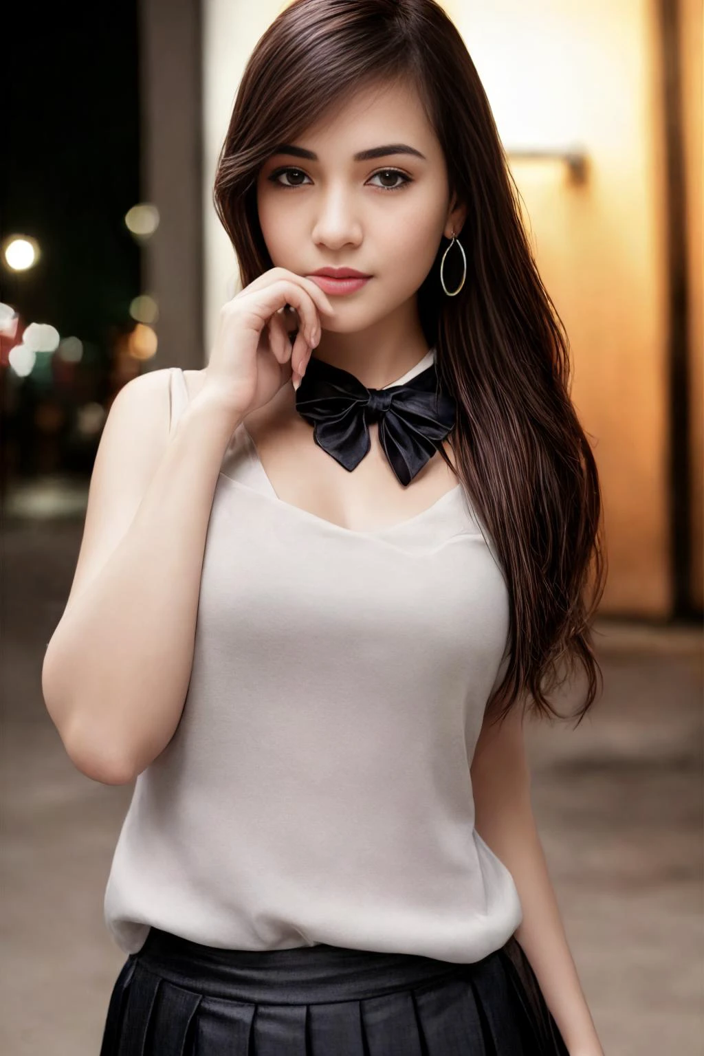 (8k, RAW photo, best quality, masterpiece:1.2), ultra detailed, ultra high res, (realistic, photo realistic:1.37), high detail RAW color photo, professional photograph, depth of field, an extremely delicate and beautiful, extremely detailed, 8k wallpaper, Amazing, finely detail, huge file size, official art, extremely detailed CG unity 8k wallpaper, extremely detailed beautiful girl, extremely detailed face, extremely detailed eyes, extremely detailed skin, extremely detailed fingers, extremely detailed nose, extremely detailed mouth, perfect anatomy, highly detailed background, extremely detailed clothing, 1girl, cute girl, realistic body, petite, fair skin, shiny skin, good figure, black hair, smile, cute, young, cute face, face, realistic face, beautifully detailed eyes, drooping eyes, beautiful big eyes, large dark eyes, beautiful and clear eyes, (black pleated skirt:1.2), (black bow tie:1.1), earrings, (hair ribbon:1.2), looking at viewer, cowboy shot, face the front, standing posture, contrapposto, outdoors, (night:1.2), <lora:add_detail:1>