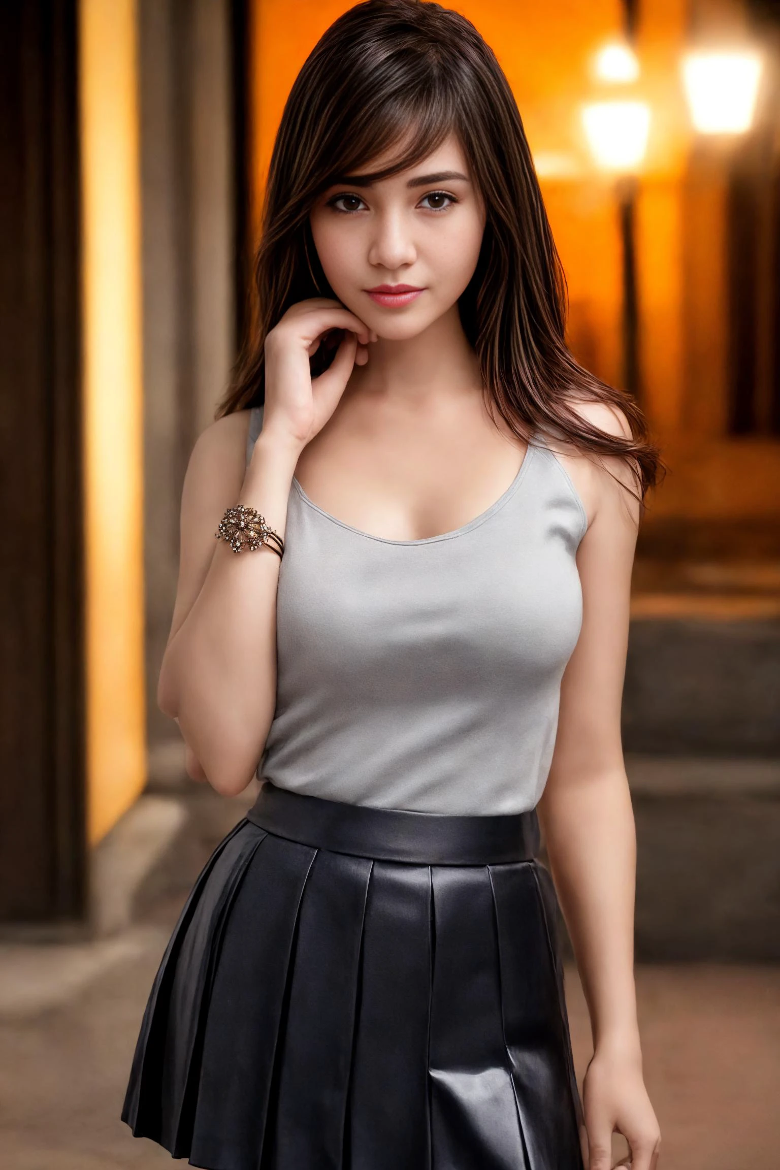 (8k, RAW photo, best quality, masterpiece:1.2), ultra detailed, ultra high res, (realistic, photo realistic:1.37), high detail RAW color photo, professional photograph, depth of field, an extremely delicate and beautiful, extremely detailed, 8k wallpaper, Amazing, finely detail, huge file size, official art, extremely detailed CG unity 8k wallpaper, extremely detailed beautiful girl, extremely detailed face, extremely detailed eyes, extremely detailed skin, extremely detailed fingers, extremely detailed nose, extremely detailed mouth, perfect anatomy, highly detailed background, extremely detailed clothing, 1girl, cute girl, realistic body, petite, fair skin, shiny skin, good figure, black hair, smile, cute, young, cute face, face, realistic face, beautifully detailed eyes, drooping eyes, beautiful big eyes, large dark eyes, beautiful and clear eyes, (black pleated skirt:1.2), earrings, (hair ribbon:1.2), looking at viewer, cowboy shot, face the front, standing posture, contrapposto, outdoors, (night:1.2), <lora:add_detail:1>
