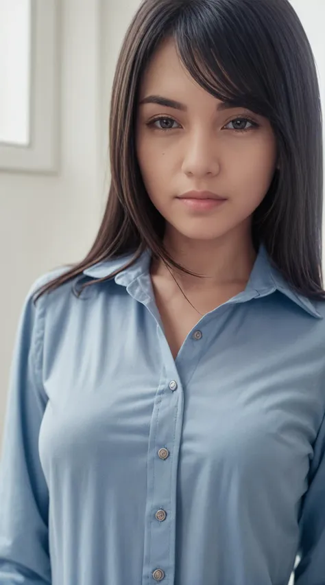 realistic professional close-up photo of shy hot attractive tall 25yo wearing dress, navy blue fine mixed cotton polyester topstiched, perfect tiny flat cylindrical transparent polyester two-hole collar button. strictly evenly spaced buttons on placket., soft ambient cool light, best quality. ,tall